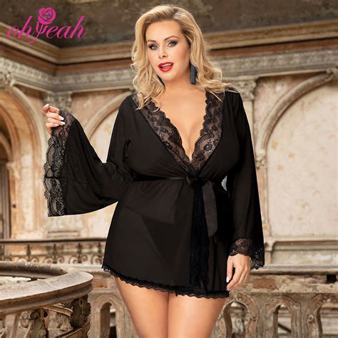 Plus Size Sexy Long Sleeve Black Mesh Sleepwear With Belt China