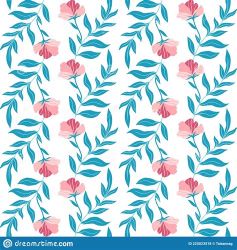 Seamless Pattern With Cute Pink Flat Flowers And Leaves Hand Drawn