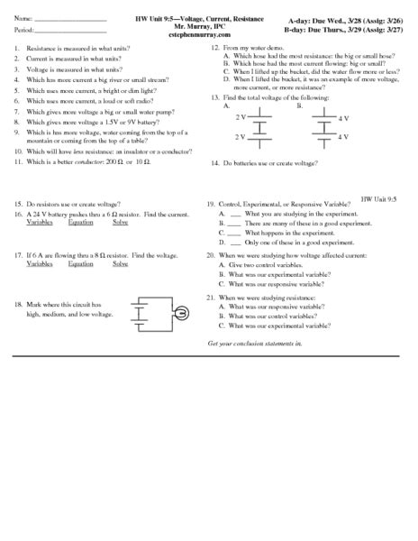 Voltage Current And Resistance Worksheet Answers