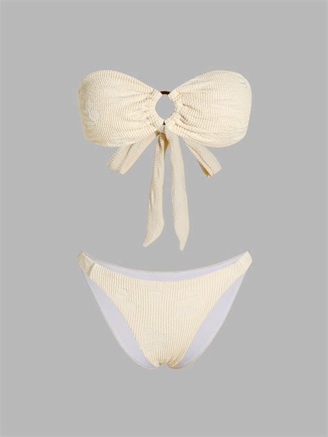 O Ring Tie Back Texture Bandeau Bikini Swimsuit Cider