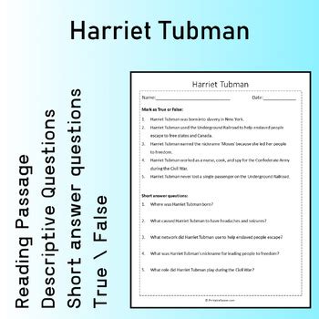 Harriet Tubman Reading Comprehension Passage Printable Worksheet