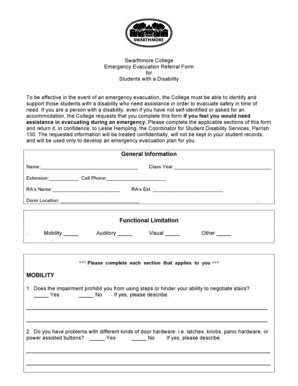 Fillable Online Swarthmore Student Evac Ref Form Swarthmore College