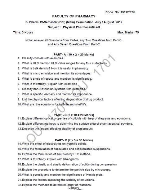 Osmania University B Pharmacy Iv Semester Pci Main Subject