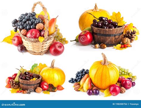 Collage Set Autumnal Fruit In Basket Isolated On White Stock Photo