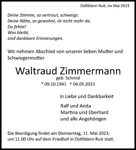 Traueranzeigen Von Waltraud Zimmermann Zeit Des Gedenkens De