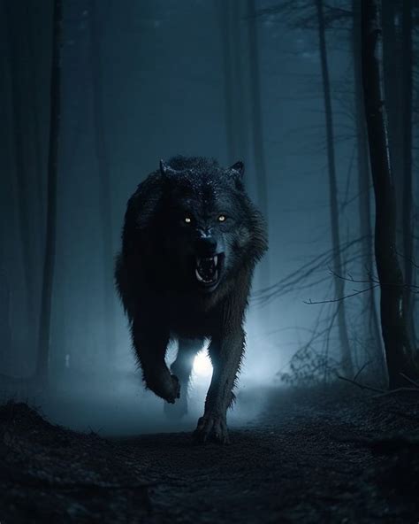 A Black Wolf Is Running Through The Woods At Night With Its Head Turned