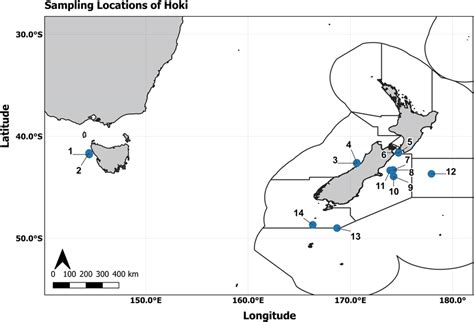 Sampling locations of hoki in New Zealand and Australia used for the ...