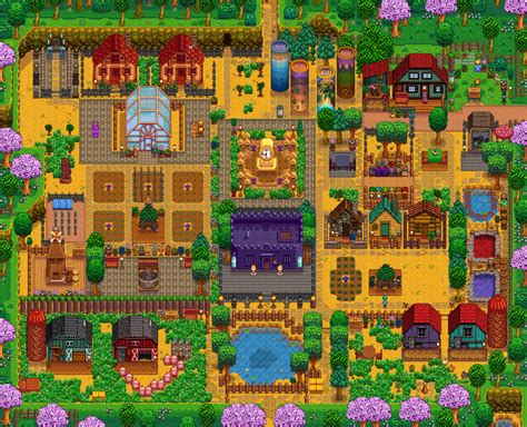 Stardew Valley Farm Design - Aerial View with Lush Plants and Flowers