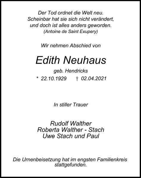 Traueranzeigen Von Edith Neuhaus Trauer In Nrw De