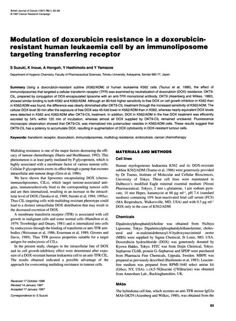 Pdf Modulation Of Doxorubicin Resistance In A Doxorubicin Resistant