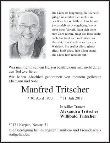 Traueranzeigen Von Manfred Tritscher Wirtrauern