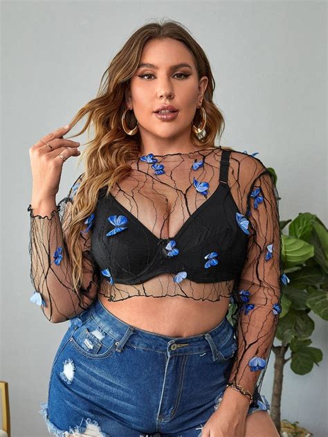 Shein Plus Butterfly Appliques Lettuce Trim Sheer Mesh Top Without Bra