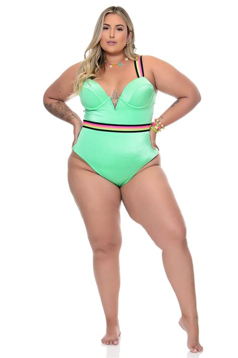 Maiô Plus Size Verde Faixa Neon Vk Moda Plus Size