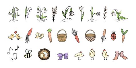 einstellen Hand gezeichnet Ostern Frühling Clip Art mit Blumen Karotte