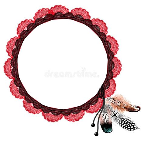 Circular Frame Of Red Lace With Feathers In Hand Painted Watercolor On