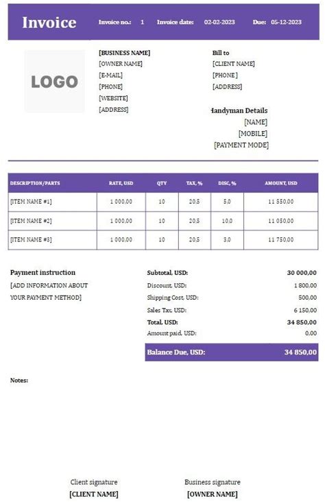 Free Handyman Invoice Templates Word Excel Pdf