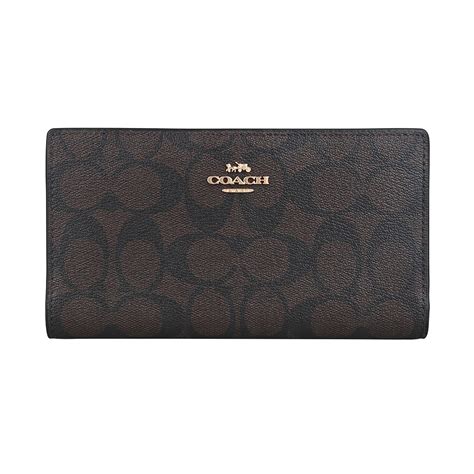 Coach經典金字logo雙c印花pvc皮革12卡雙釦式對開長夾深棕x黑 長夾 Yahoo奇摩購物中心
