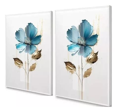 Kit 2 Quadros Decorativos Flor Azul Moderna Vidro 50x70