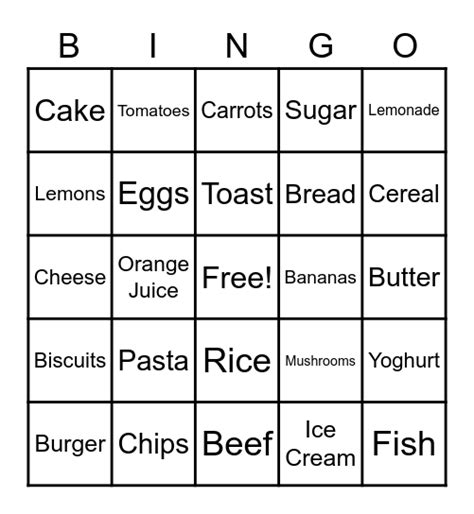 Foods Bingo Card