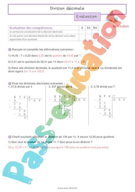 Division décimale Evaluation de nombres et calculs pour la 6ème PDF