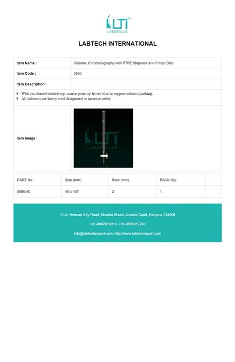 5980 Column Chromatography With PTFE Stopcock And Fritted Disc At Best