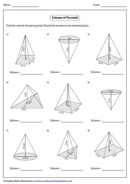 Volume Of A Pyramid Worksheets