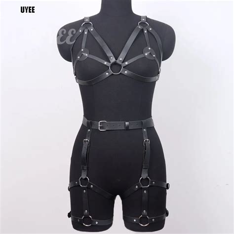 UYEE 2 Pcs PU Leather Harness Women Suit Fetish Underwear Set Bondage Lingerie Straps Body Bra