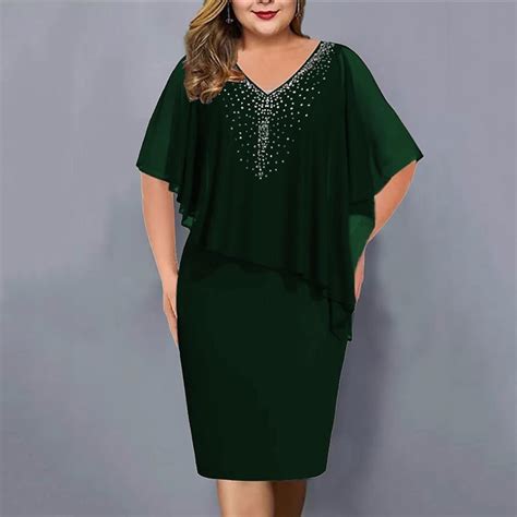 Cheap Women Plus Size V Neck Overlay Asymmetric Buttock Dress Chiffon