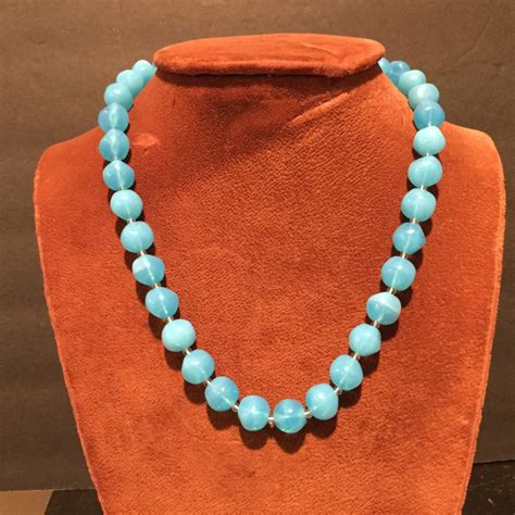 Vintage Chunky Turquoise Art Glass Bead Necklace Organic Round Art