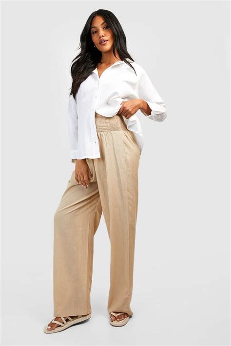 Maternity Shirred Waist Linen Wide Leg Trousers Boohoo Uk