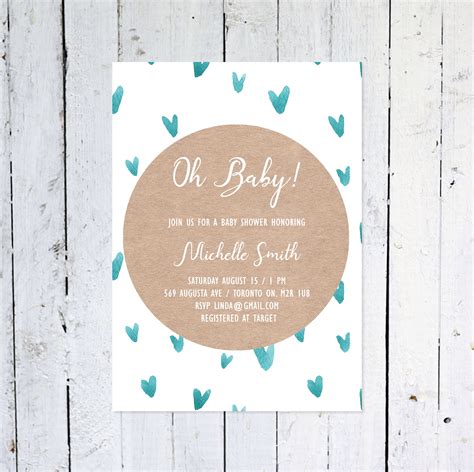 Gender Neutral Baby Shower Invitation Oh Baby Kraft Paper Teal