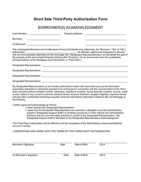 Short Sale Third Party Authorization Form In Word And Pdf Formats