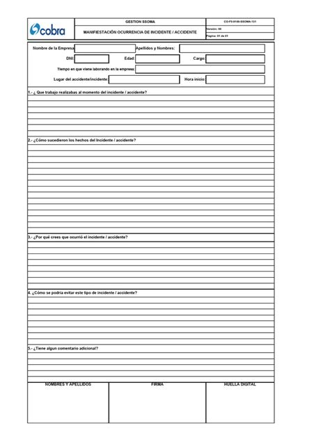 Formato De Ocurrencia De Incidente Accidente Pdf