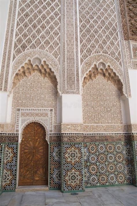 Wall And Wooden Door Of Main Courtyard In Madrasa Ben Youssef Madrasa