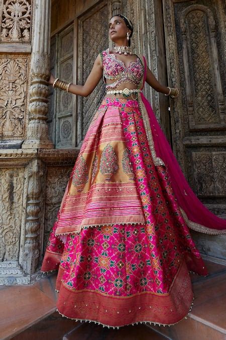 Buy Pink Lehenga And Blouse Silk Printed Patola Motifs Resham Deep Neck