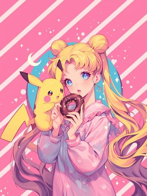 Premium Photo Anime Girl Eating A Doughnut With A Pikachu In Her Hand