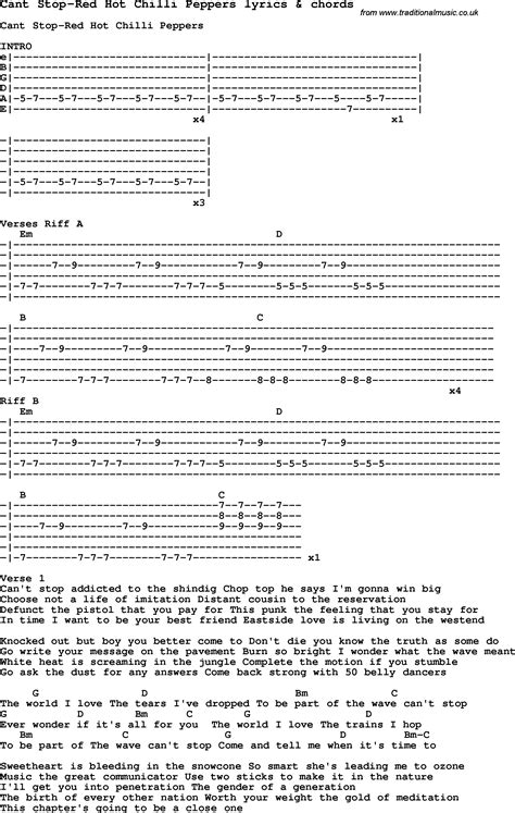 Love Song Lyrics For Cant Stop Red Hot Chilli Peppers With Chords