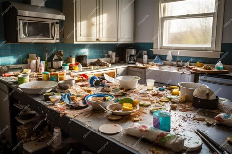 Premium Photo Messy Kitchen With Dirty Counter Tops And Bowls Of Food