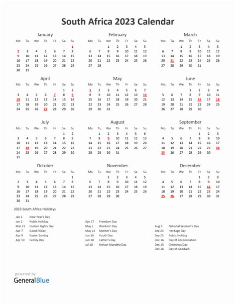 2023 South Africa Calendar With Holidays