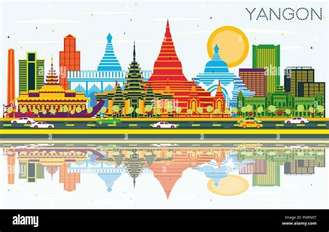 Yangon Myanmar City Skyline With Color Buildings Blue Sky And