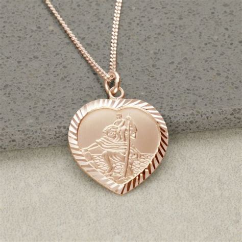 9ct Rose Gold Diamond Cut Heart St Christopher Pendant With Optional Engraving And Chain