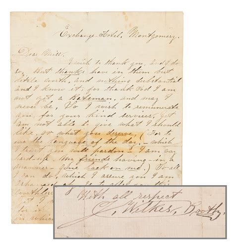 John Wilkes Booth Autograph Letter Signed Written The Month Of