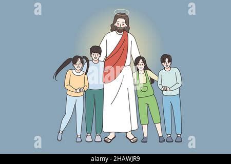 Dibujos Animados Jesucristo Abraza A Los Ni Os Imagen Vector De Stock