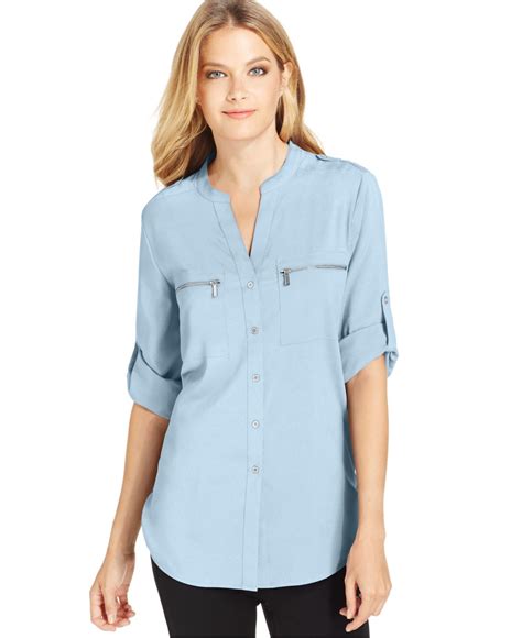 Calvin Klein Roll Tab Sleeve Zip Pocket Blouse In Blue Cool Blue Lyst