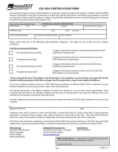 Cdl Self Certification Form Registry Of Motor Vehicles