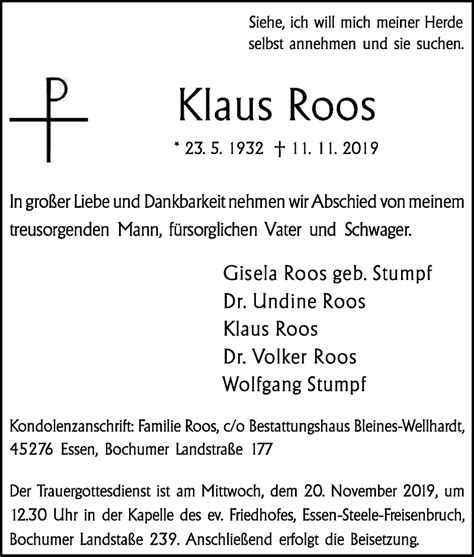 Traueranzeigen Von Klaus Roos Trauer In NRW De