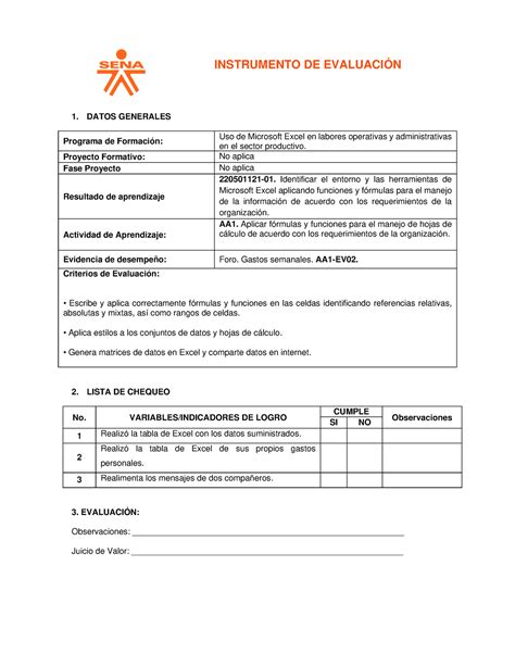 Ie Aa1 Ev02 Instrumento De Evaluacion Instrumento De EvaluaciÓn 1 Datos Generales Programa De