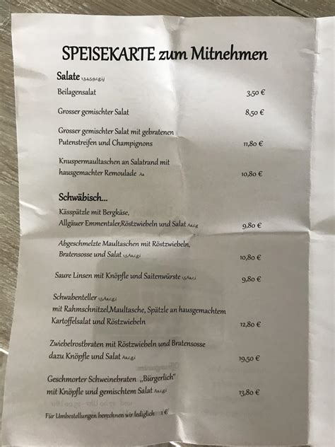 Speisekarte Von Gasthaus Zum Adler Restaurant Bergatreute