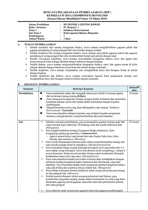 Tema 1 Nmbaz Rencana Pelaksanaan Pembelajaran Rpp Kurikulum 2013 3 Komponen Revisi