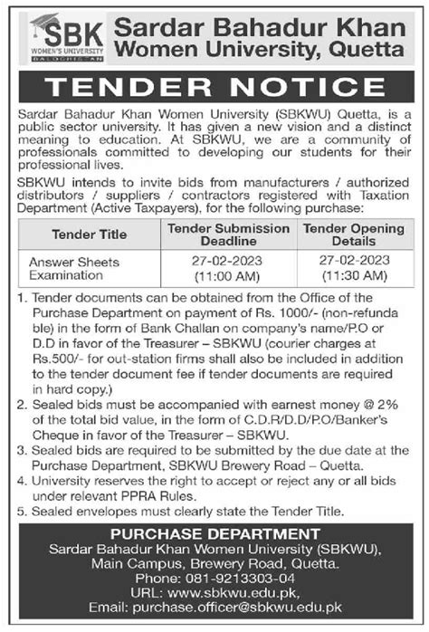 Sbk Women University Tender For The Supply Of Answer Sheets